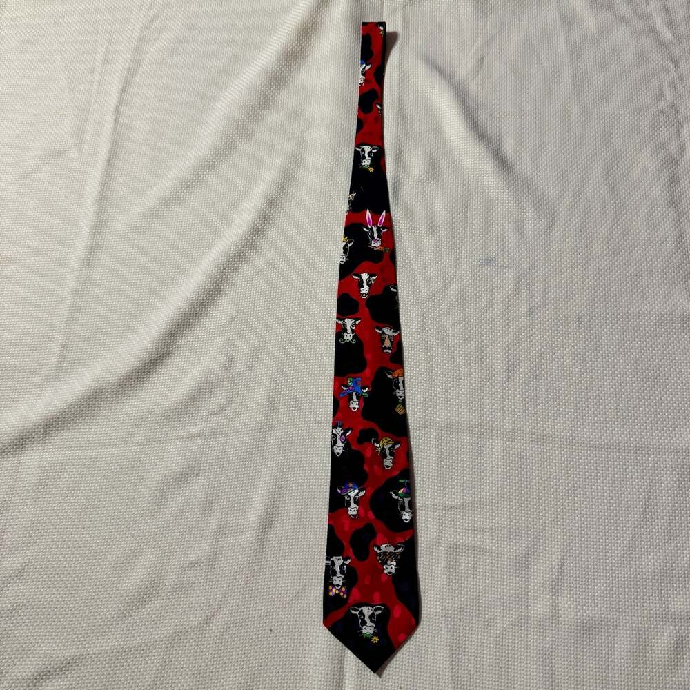 Addiction Vintage Dressed Up Cows Novelty Silk Necktie Red and Black